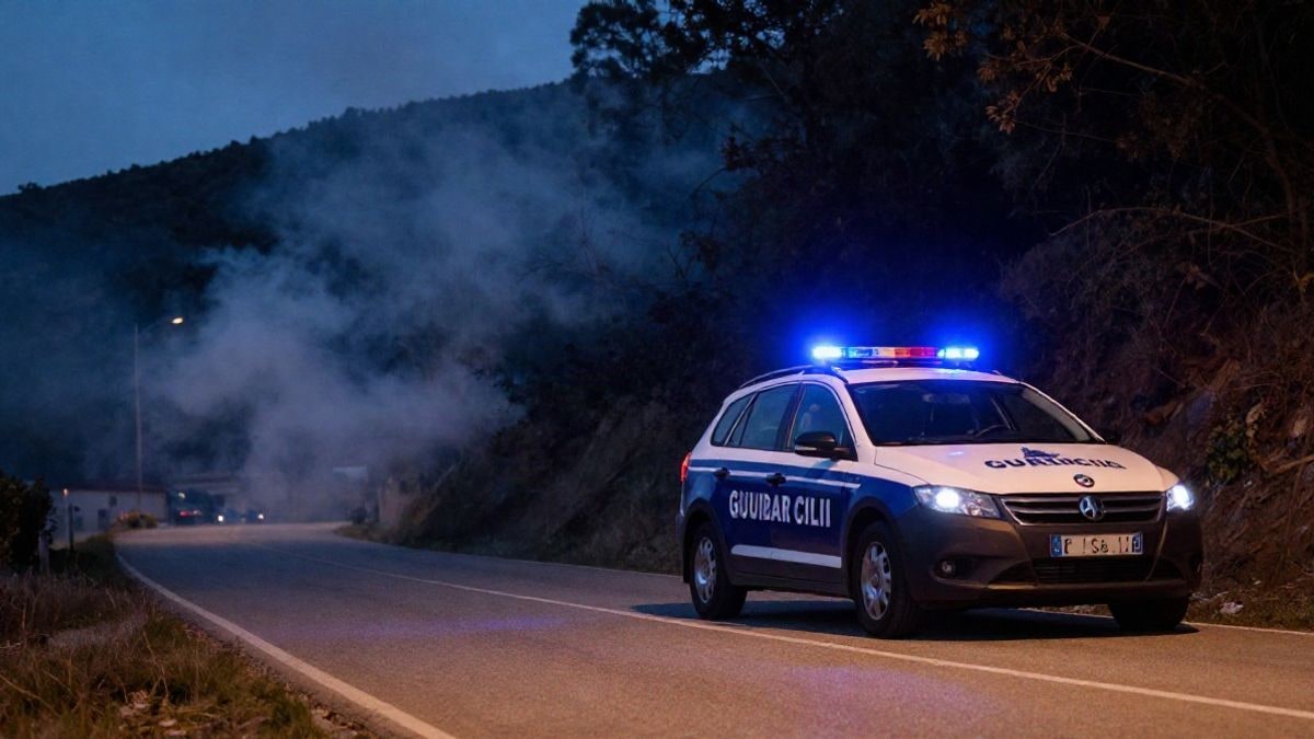 Imagen ilustrativa: un coche patrulla con luces azules en una carretera rural al anochecer, con humo en una ladera boscosa