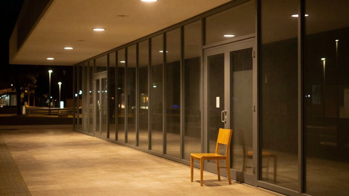 Imagen ilustrativa: pasillo de un edificio público iluminado por la noche con luz artificial cálida y una silla junto a una puerta cerrada