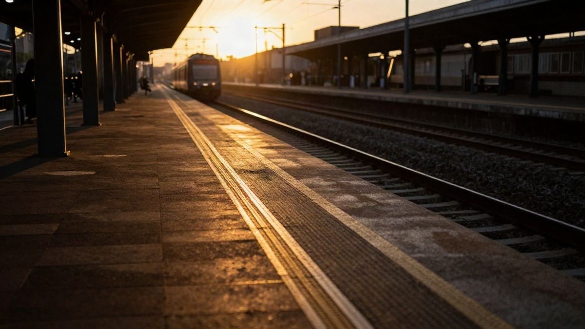 Imagen ilustrativa: andén de tren vacío al atardecer, con sombras largas sobre las vías y luz de contraluz