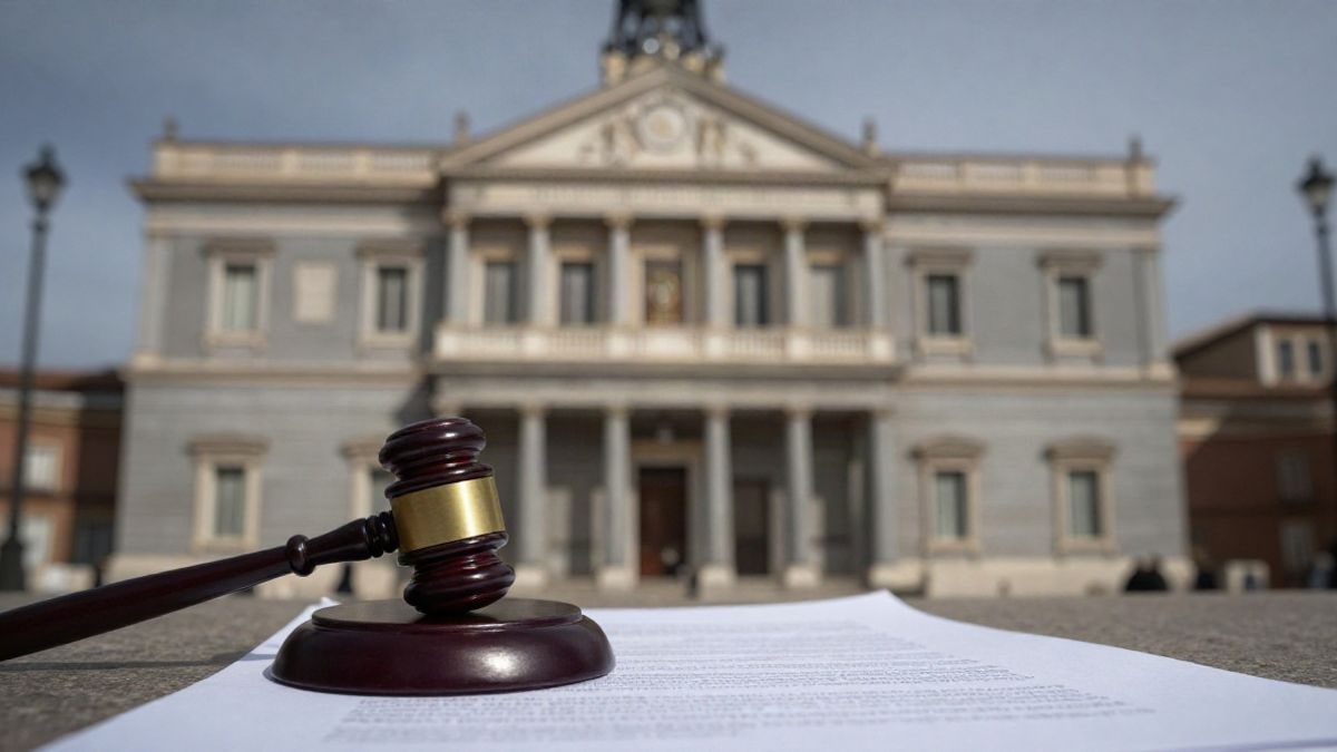 Imagen ilustrativa: un mazo judicial sobre un documento, con el edificio del Congreso de fondo desenfocado.