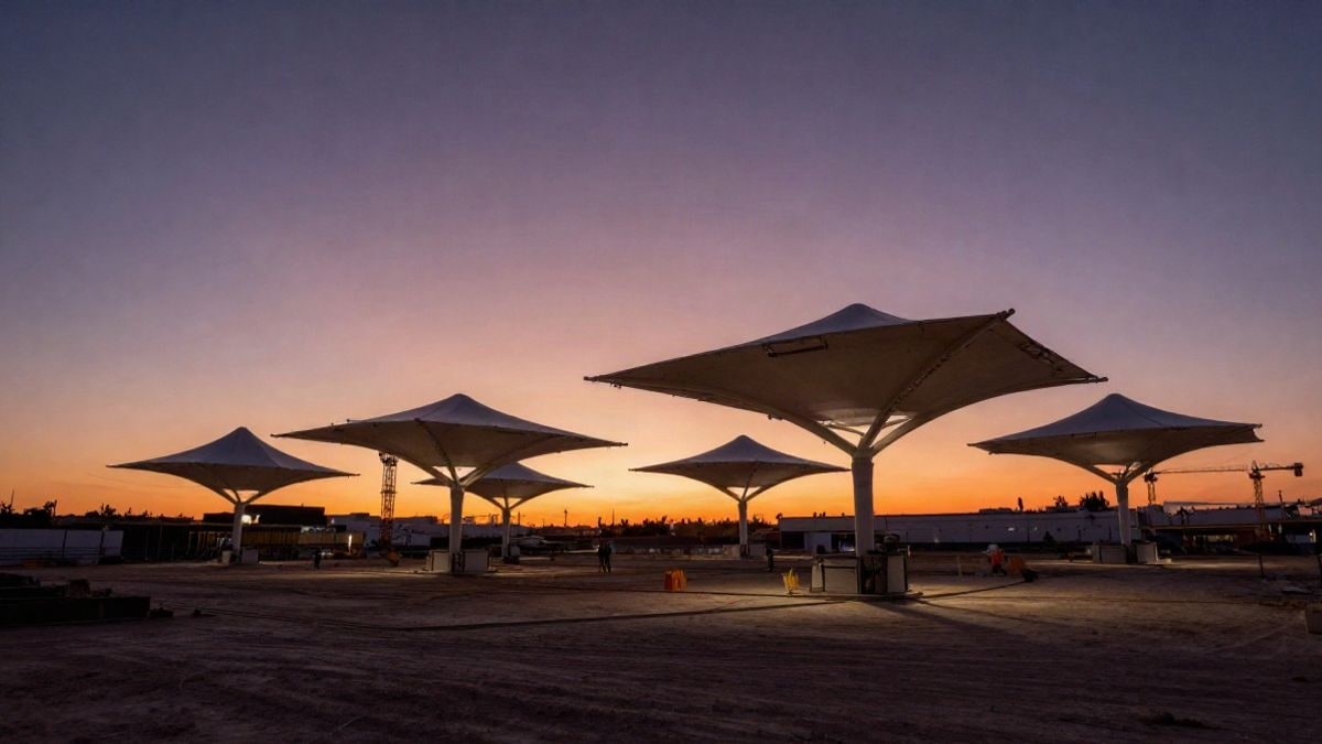 Imagen ilustrativa: estructura de carpas blancas en un recinto al atardecer, con grúas y siluetas de trabajadores.