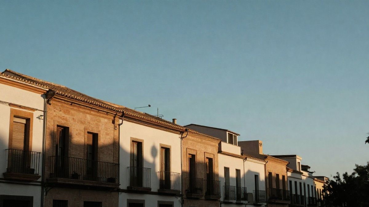 Imagen ilustrativa: fachada de un edificio residencial antiguo en un barrio español con una figura lejana de espaldas