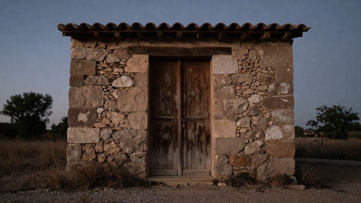 Imagen ilustrativa: puerta de madera de una casa rural de piedra al atardecer, vista desde el suelo