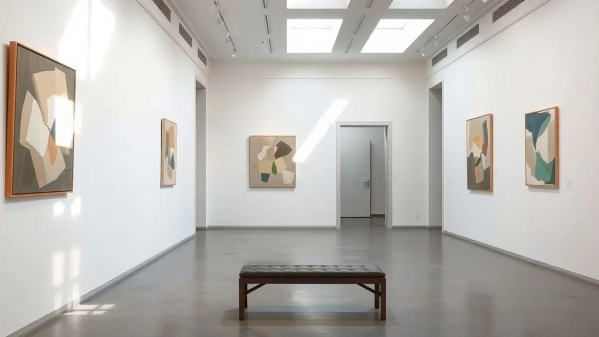 Imagen ilustrativa: sala de museo con cuadros abstractos y banco de madera, iluminada por luz natural.