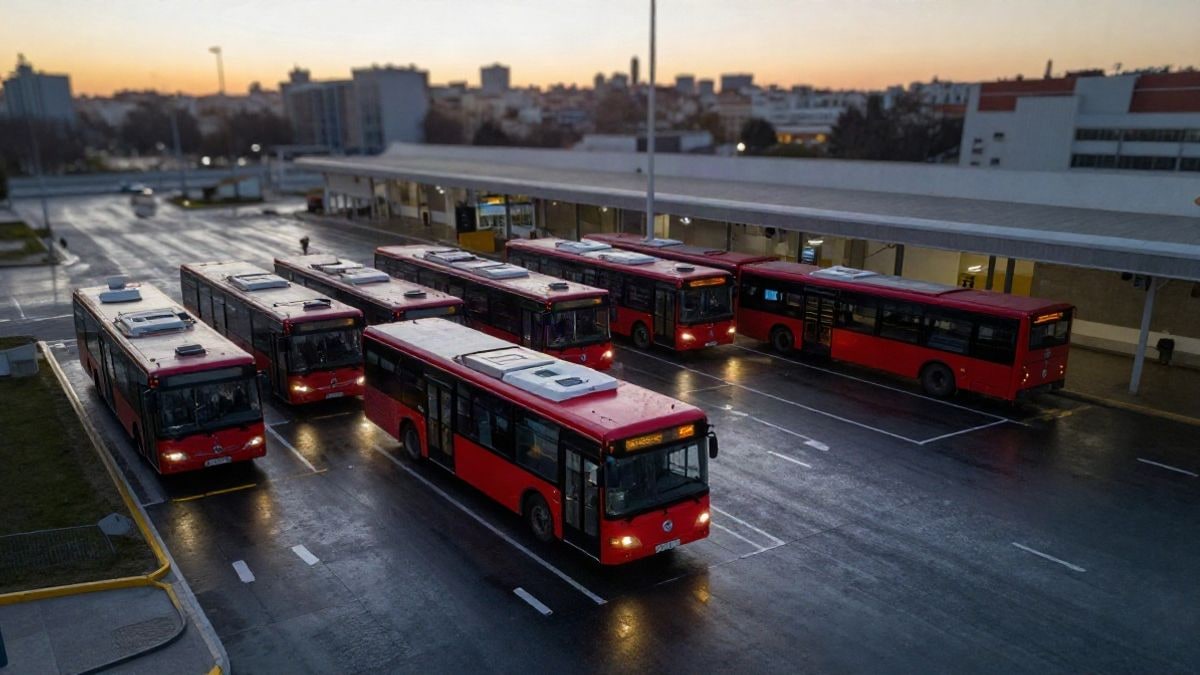 Imagen ilustrativa: autobuses urbanos rojos aparcados en una cochera al amanecer, con la ciudad de fondo desenfocada.