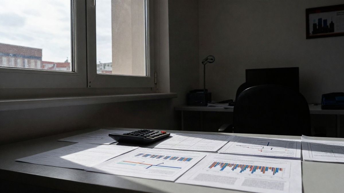 Imagen ilustrativa: interior de una oficina de estadística con gráficos económicos sobre una mesa junto a una ventana