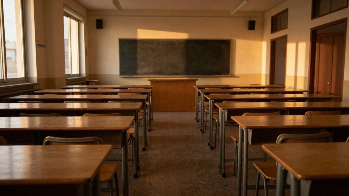 Imagen ilustrativa: aula vacía al atardecer con pupitres en fila hacia una pizarra en blanco