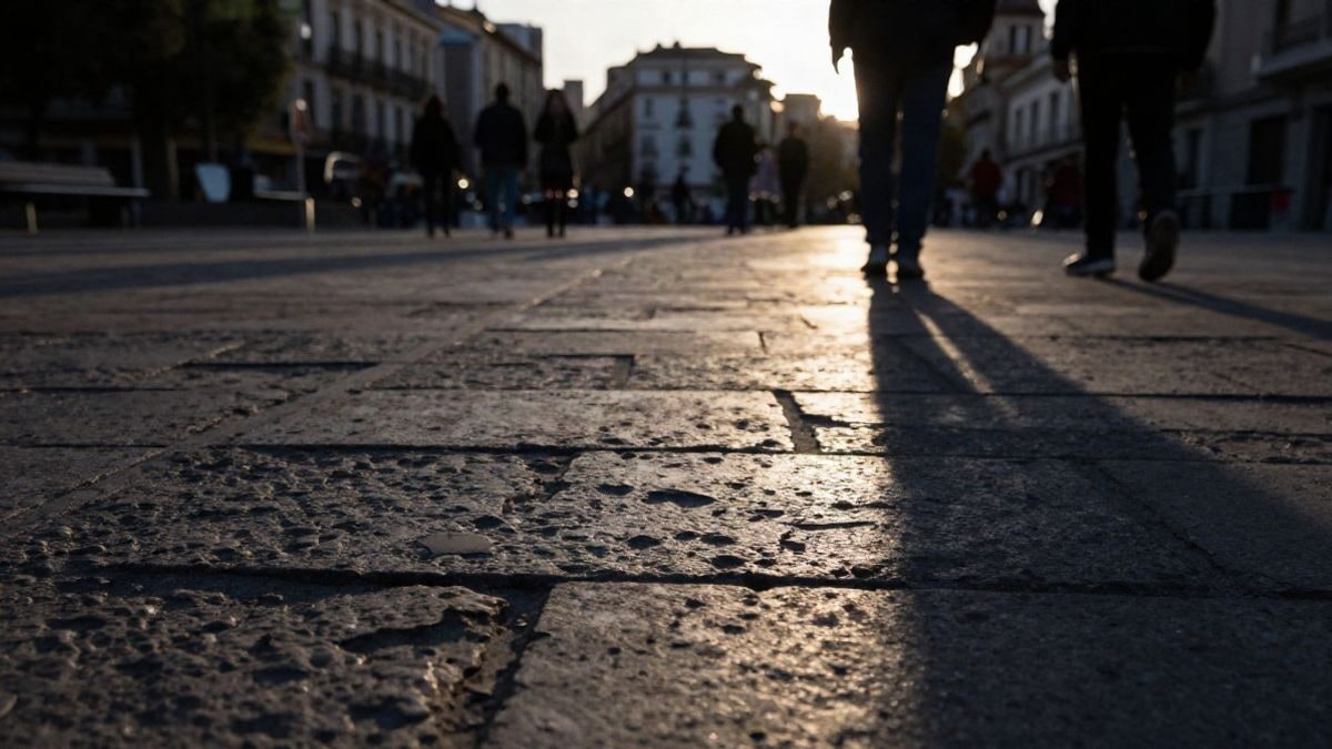 Imagen ilustrativa: detalle de adoquines desgastados en una plaza pública al atardecer, con sombras alargadas y fondo urbano desenfocado