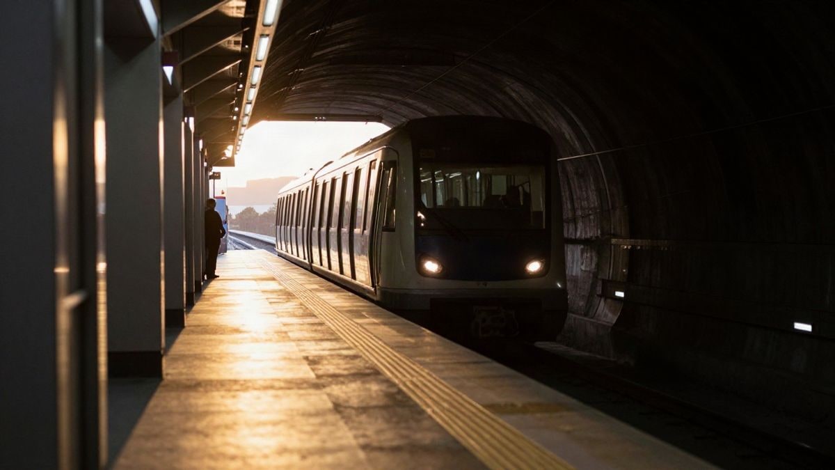 Imagen ilustrativa: túnel de metro con un tren acercándose en contraluz al atardecer