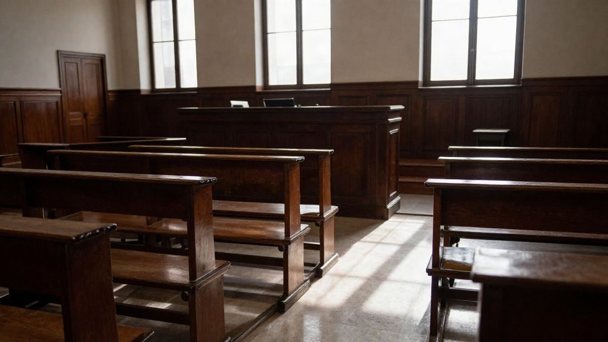 Imagen ilustrativa: una sala de tribunal vacía con bancos de madera y luz natural entrando por ventanales altos