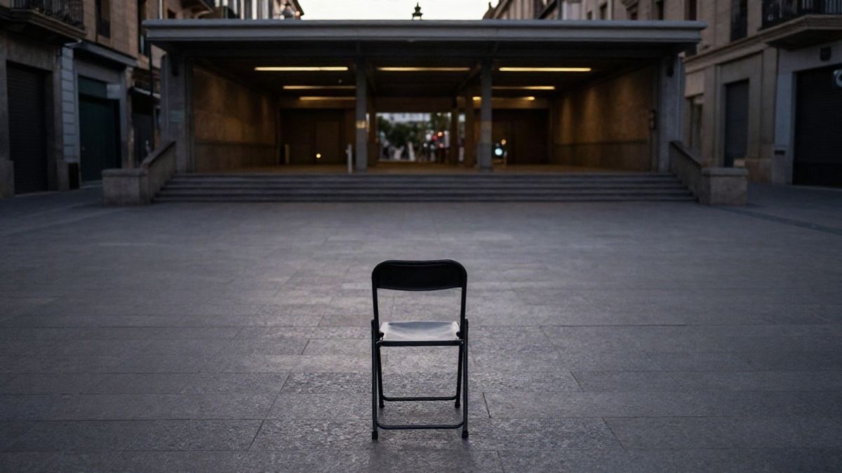 Imagen ilustrativa: una plaza vacía al atardecer con la entrada de una estación de metro al fondo y una silla plegable en primer plano.