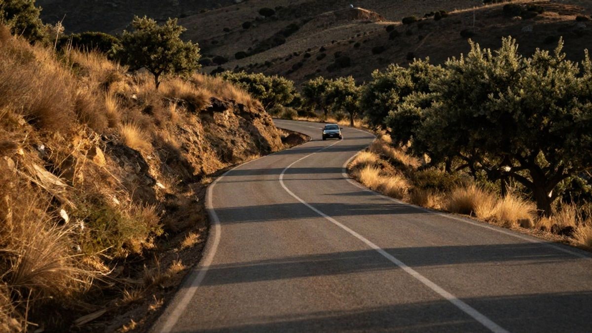 Imagen ilustrativa: carretera de montaña de dos carriles con curvas en un paisaje seco español al atardecer