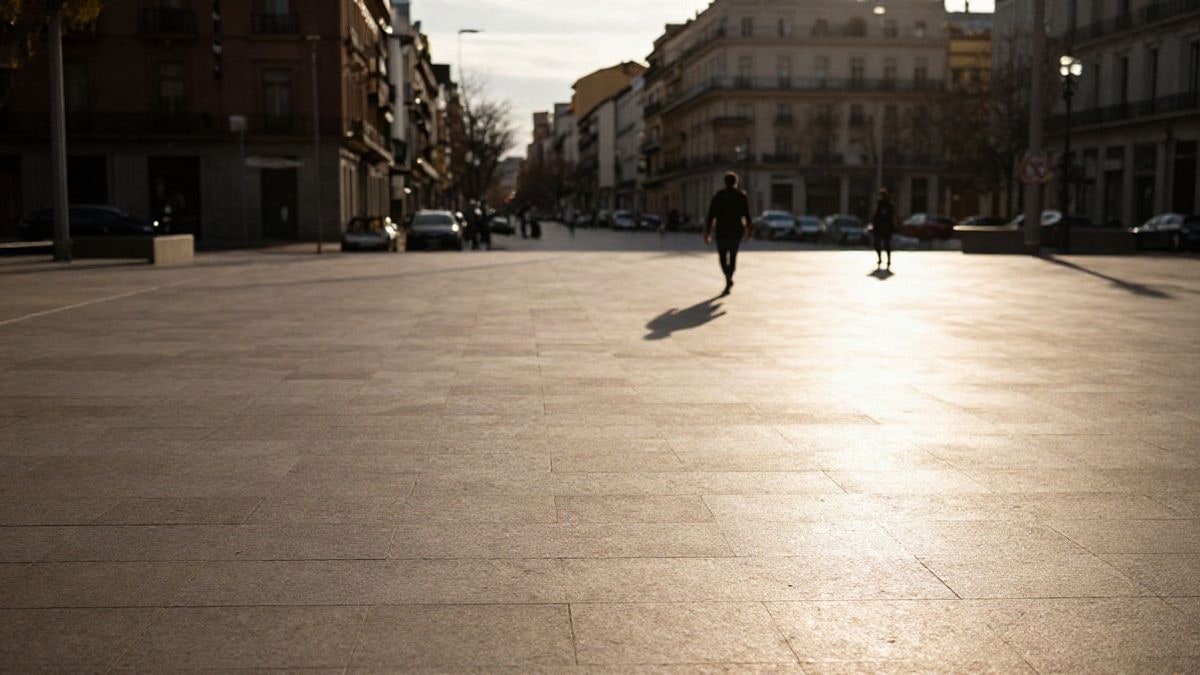 Imagen ilustrativa: una plaza urbana amplia al atardecer con una figura lejana y largas sombras en el pavimento