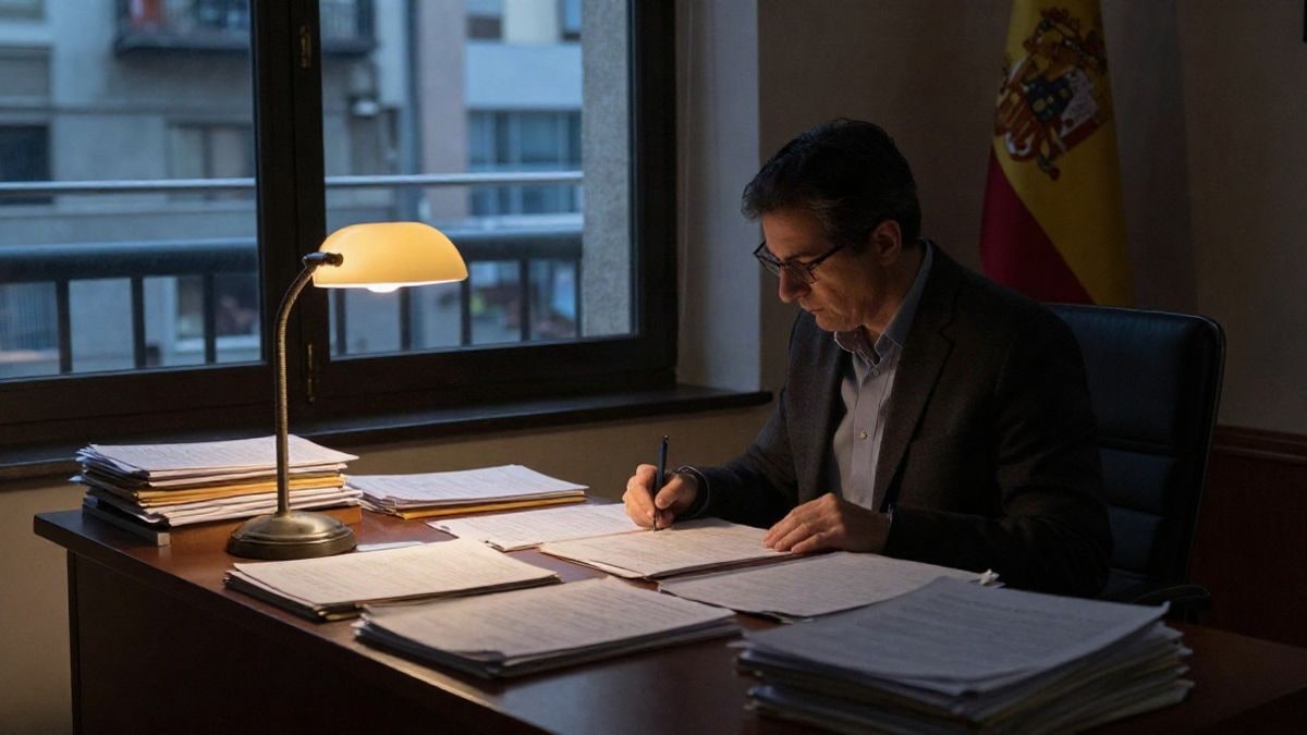 Imagen ilustrativa: un despacho oficial con expedientes sobre la mesa y una lámpara encendida de noche.