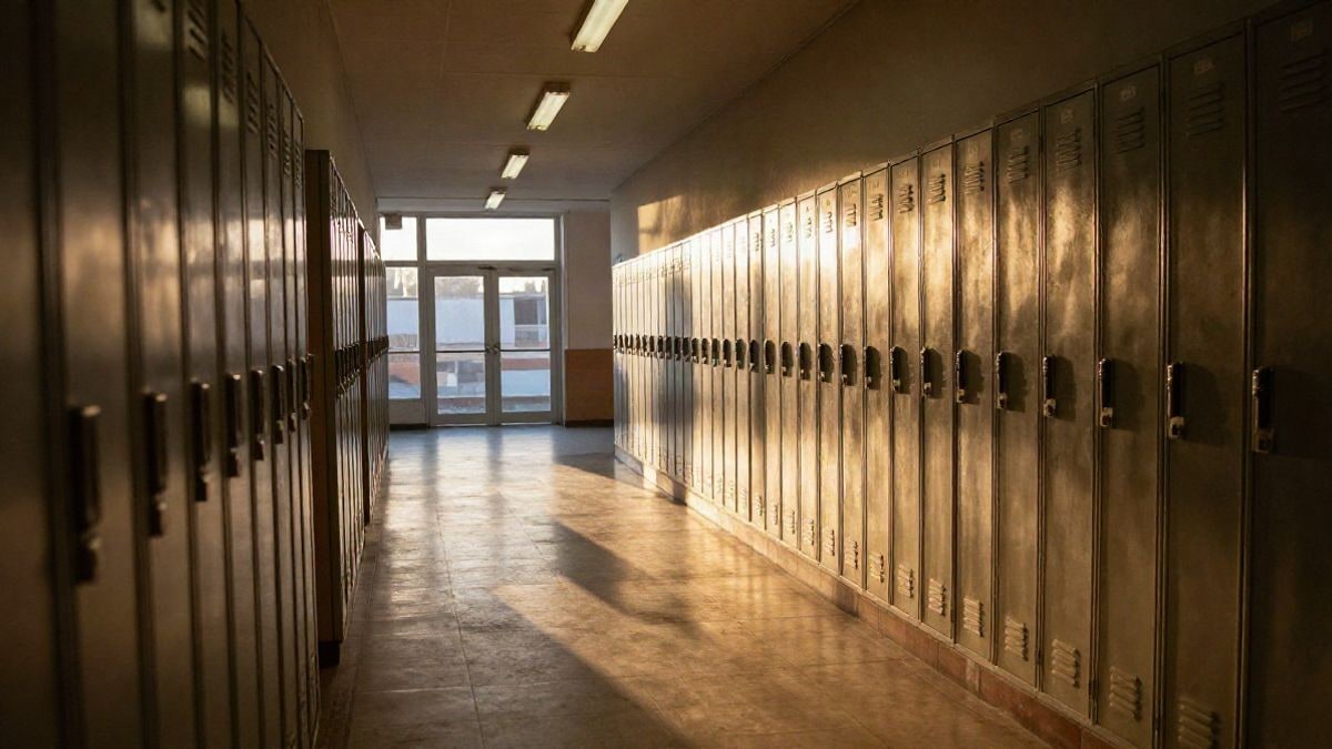 Imagen ilustrativa: pasillo vacío de un centro educativo al atardecer, con líneas que convergen hacia una puerta de cristal