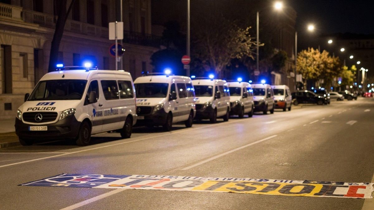 Imagen ilustrativa: furgones policiales estacionados de noche en una avenida urbana junto a un campus universitario