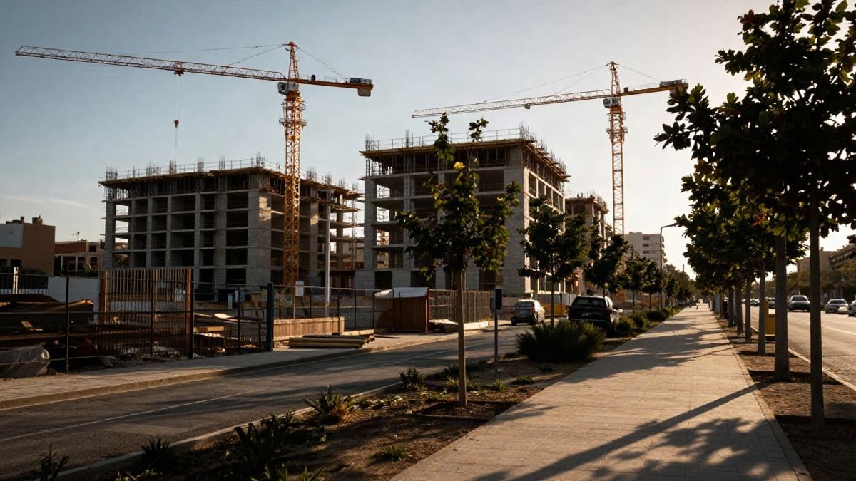 Imagen ilustrativa: grúas y estructuras de edificios en construcción en un nuevo desarrollo urbano al atardecer