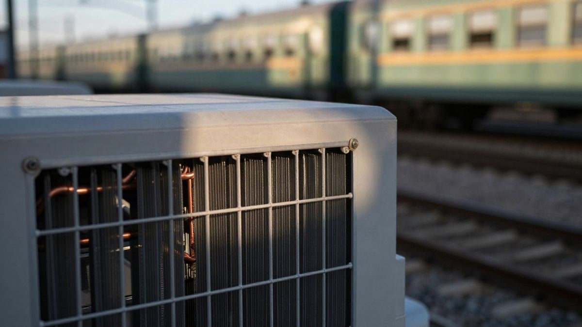 Imagen ilustrativa: primer plano de una unidad de refrigeración metálica con aletas y tuberías de cobre en un depósito ferroviario