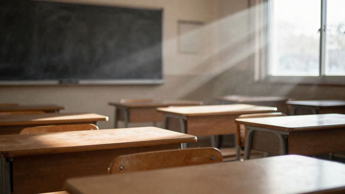 Imagen ilustrativa: aula vacía de un colegio público con luz de ventana lateral y pupitres en filas