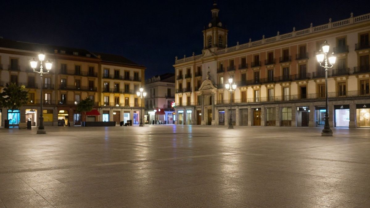 Imagen ilustrativa: plaza pública nocturna iluminada por farolas y luces artificiales