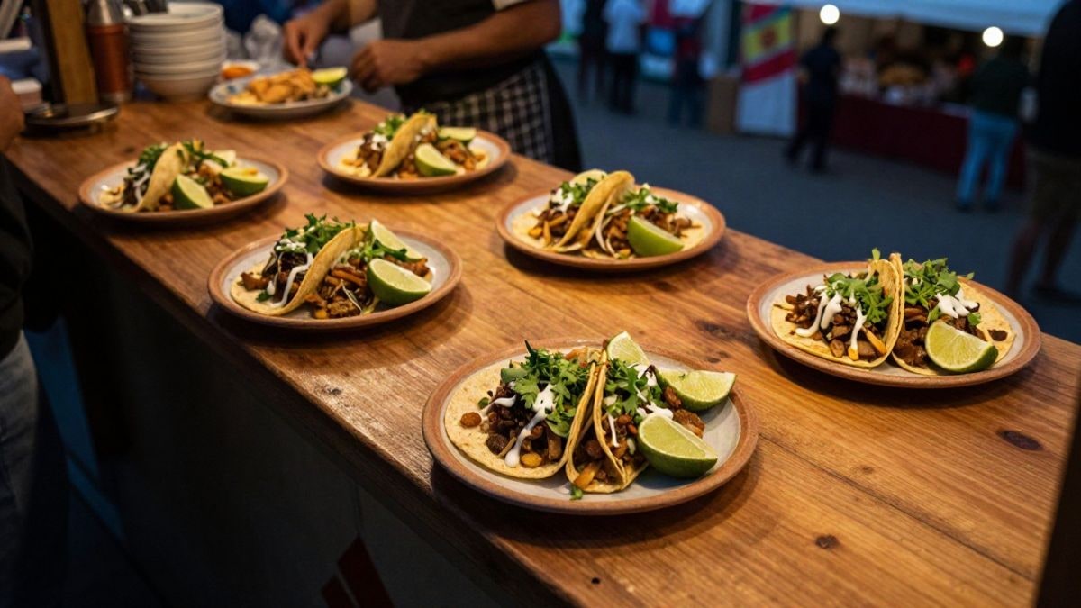 Imagen ilustrativa: vista cenital de un puesto de comida con tacos y limas sobre una mesa rústica