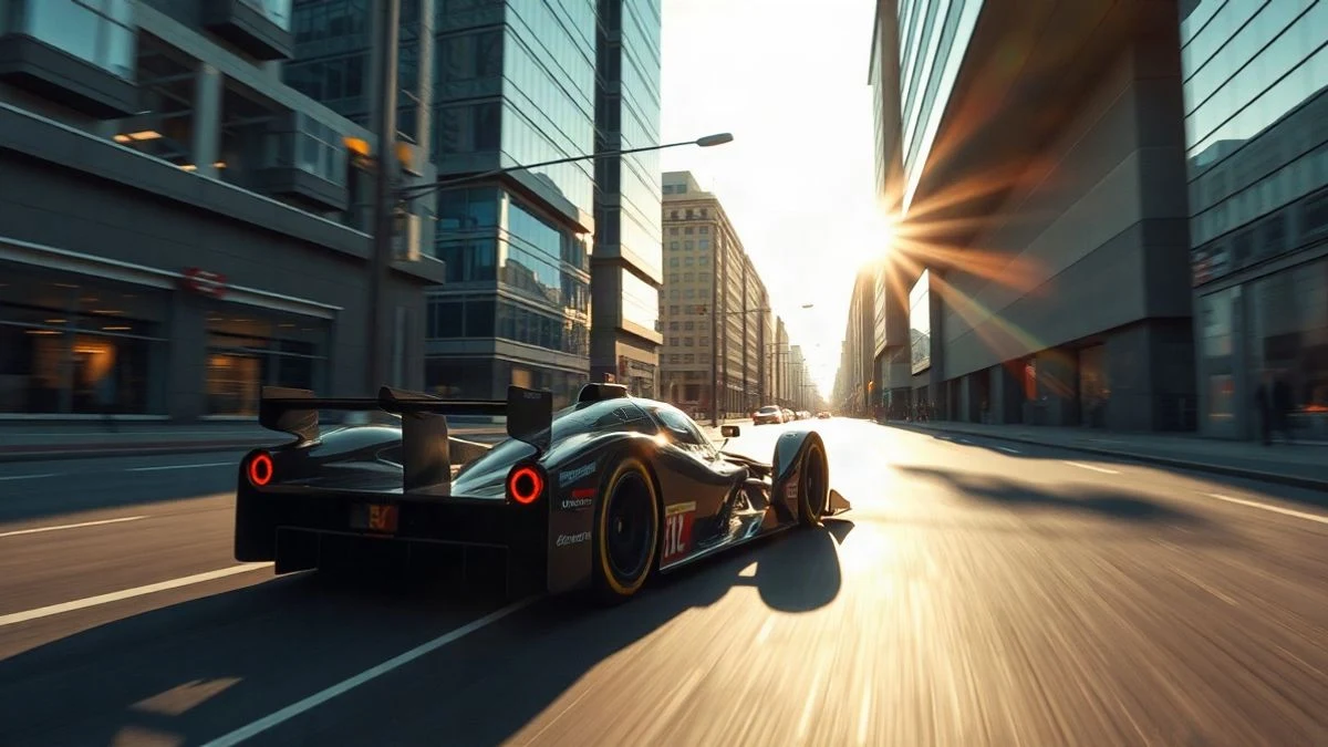 Imagen ilustrativa: un coche de Fórmula 1 circulando a gran velocidad por una avenida urbana con edificios modernos al atardecer.