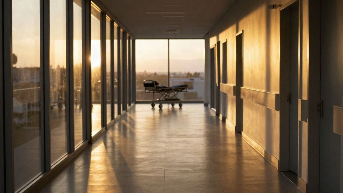Imagen ilustrativa: pasillo de un hospital moderno al atardecer con luz cálida y sombras alargadas