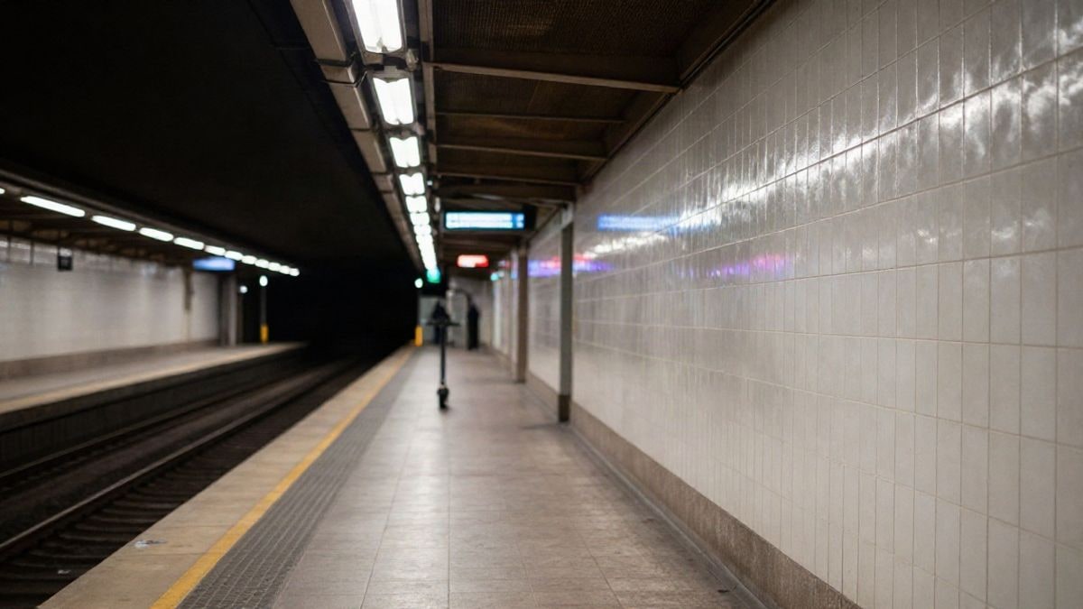 Imagen ilustrativa: andén de metro vacío de noche, iluminado por luces artificiales y reflejos tenues sobre los azulejos