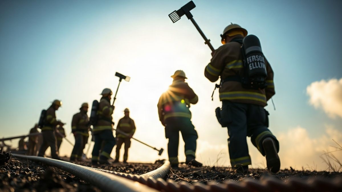 Imagen ilustrativa: grupo de bomberos forestales de espaldas, con batefuegos, bajo un cielo despejado