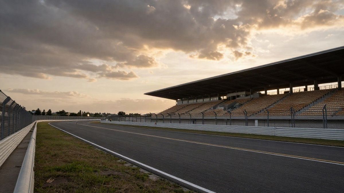 Imagen ilustrativa: circuito de carreras genérico con gradas vacías al atardecer
