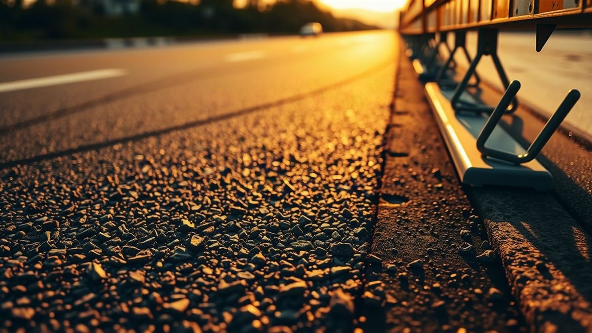 Imagen ilustrativa: detalle del asfalto con marcas viales recientes y una barrera de obra al fondo, iluminado por luz de atardecer.