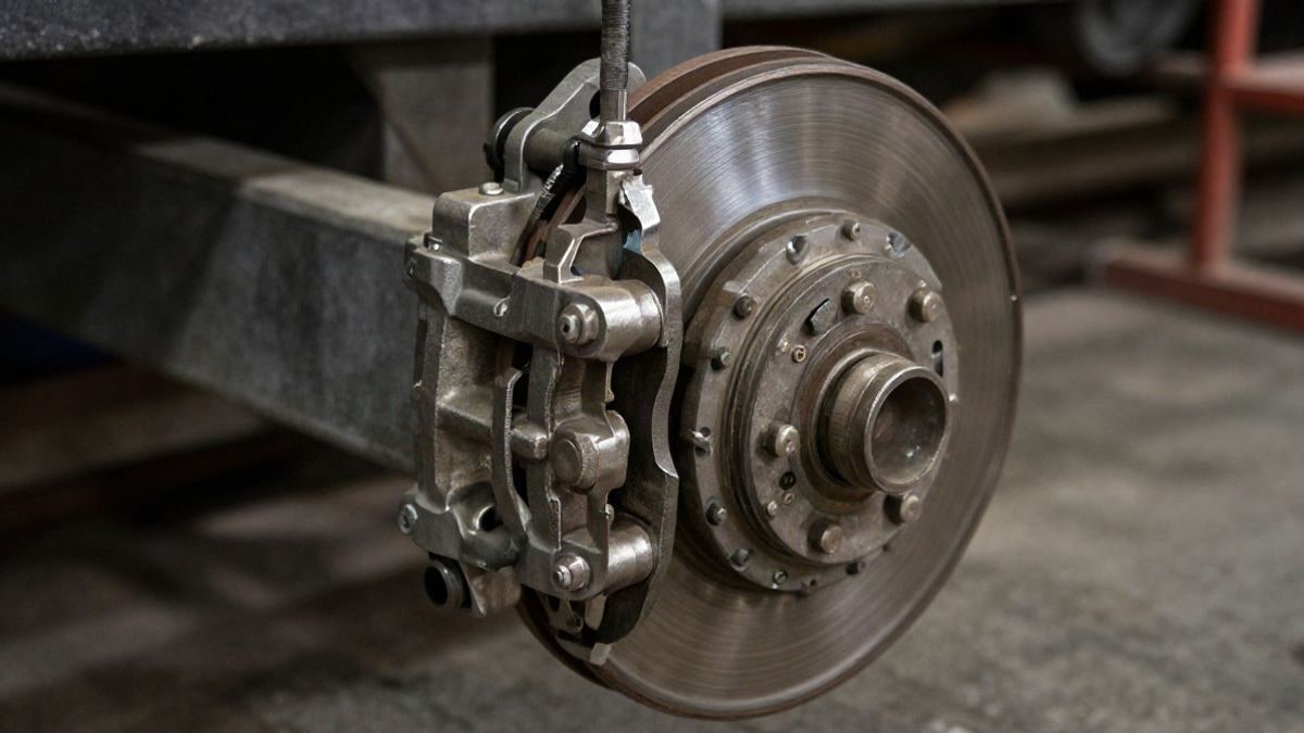 Imagen ilustrativa: detalle de un sistema de freno metálico en un taller ferroviario