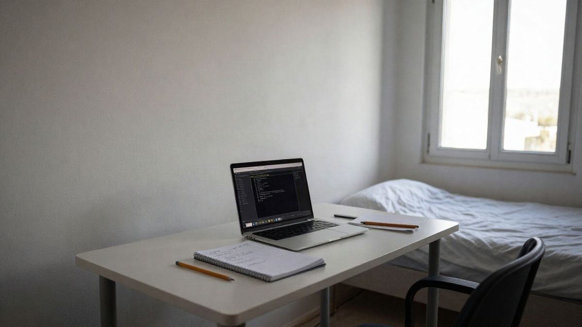 Imagen ilustrativa: escritorio de estudiante con un portátil y un cuaderno de programación junto a la ventana