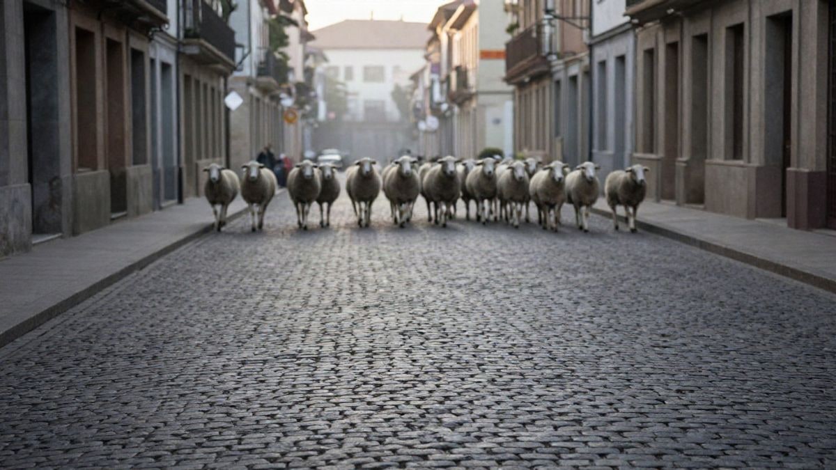 Imagen ilustrativa: un pequeño rebaño de ovejas avanza por una calle empedrada de una ciudad antigua al amanecer