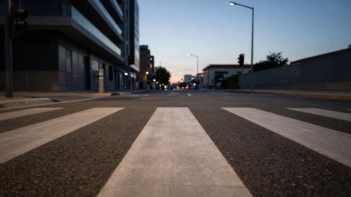 Imagen ilustrativa: calle urbana vista desde el suelo con cielo de atardecer y un paso de peatones