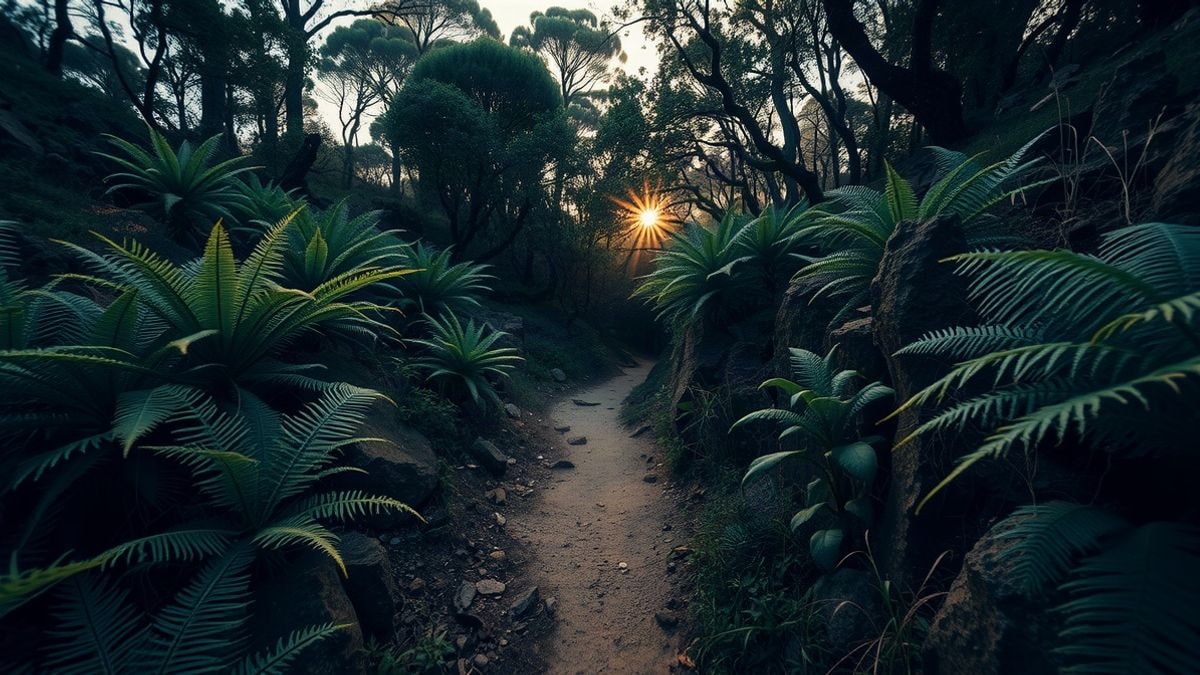 Imagen ilustrativa: una ladera boscosa con helechos y un sendero estrecho, iluminada por luz dorada.