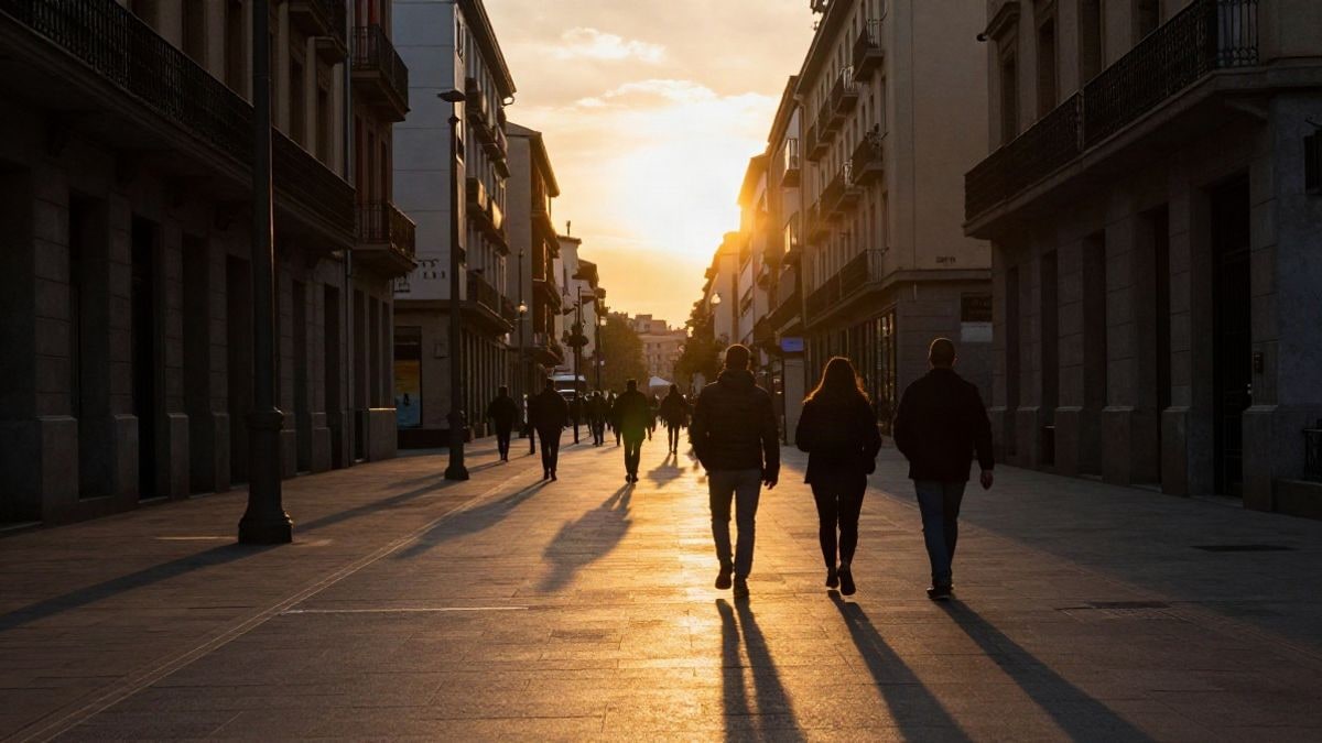 Imagen ilustrativa: una avenida urbana al atardecer en contraluz, con siluetas y sombras largas