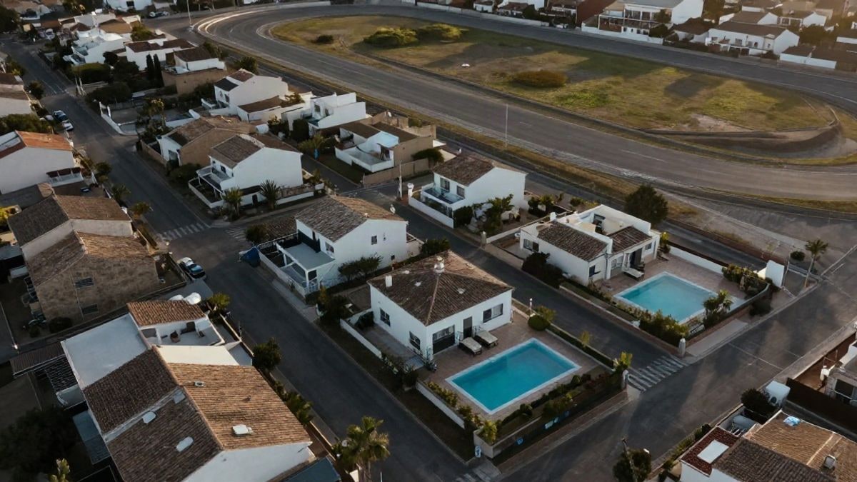 Imagen ilustrativa: vista cenital de un barrio residencial con piscinas y un circuito de carreras al fondo