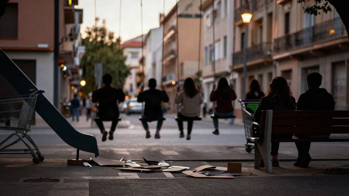 Imagen ilustrativa: un parque infantil urbano al atardecer con cartones y un carrito junto a un banco
