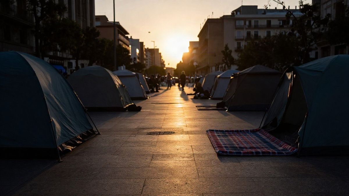 Imagen ilustrativa: siluetas de tiendas de campaña en una plaza al atardecer