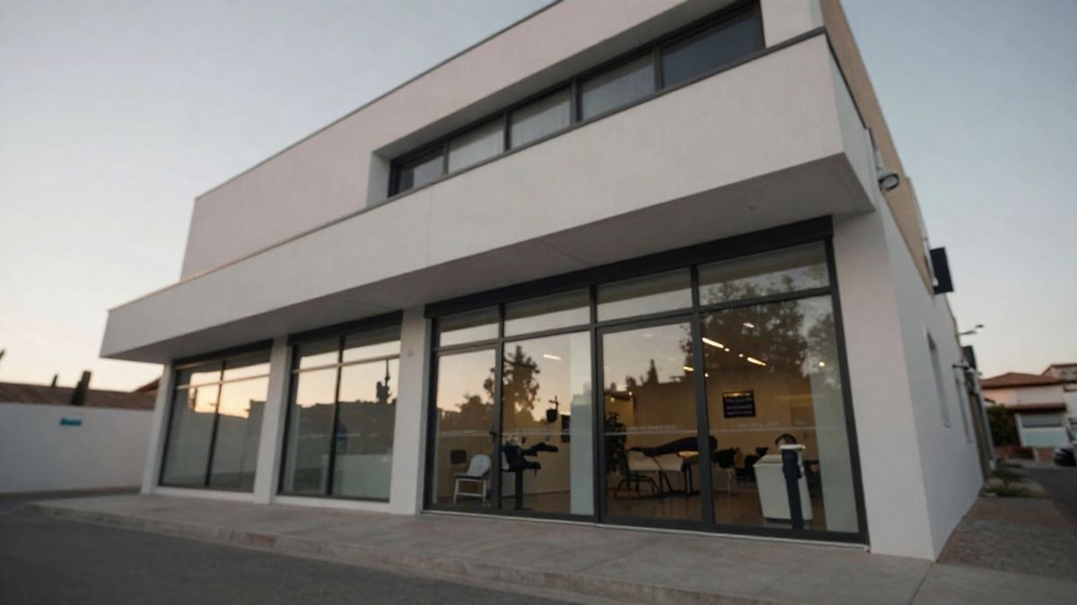 Imagen ilustrativa: ángulo bajo de la fachada de un centro de atención a las adicciones con cielo al atardecer