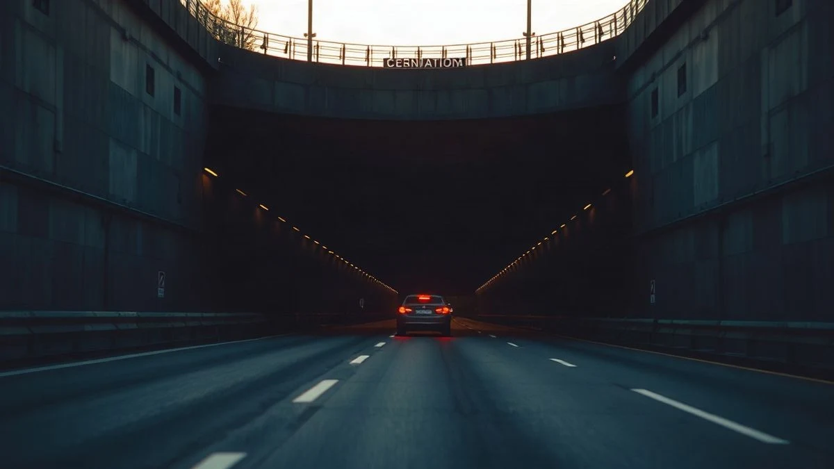 Imagen ilustrativa: entrada de un túnel de carretera al atardecer, con un vehículo saliendo y sombras alargadas.