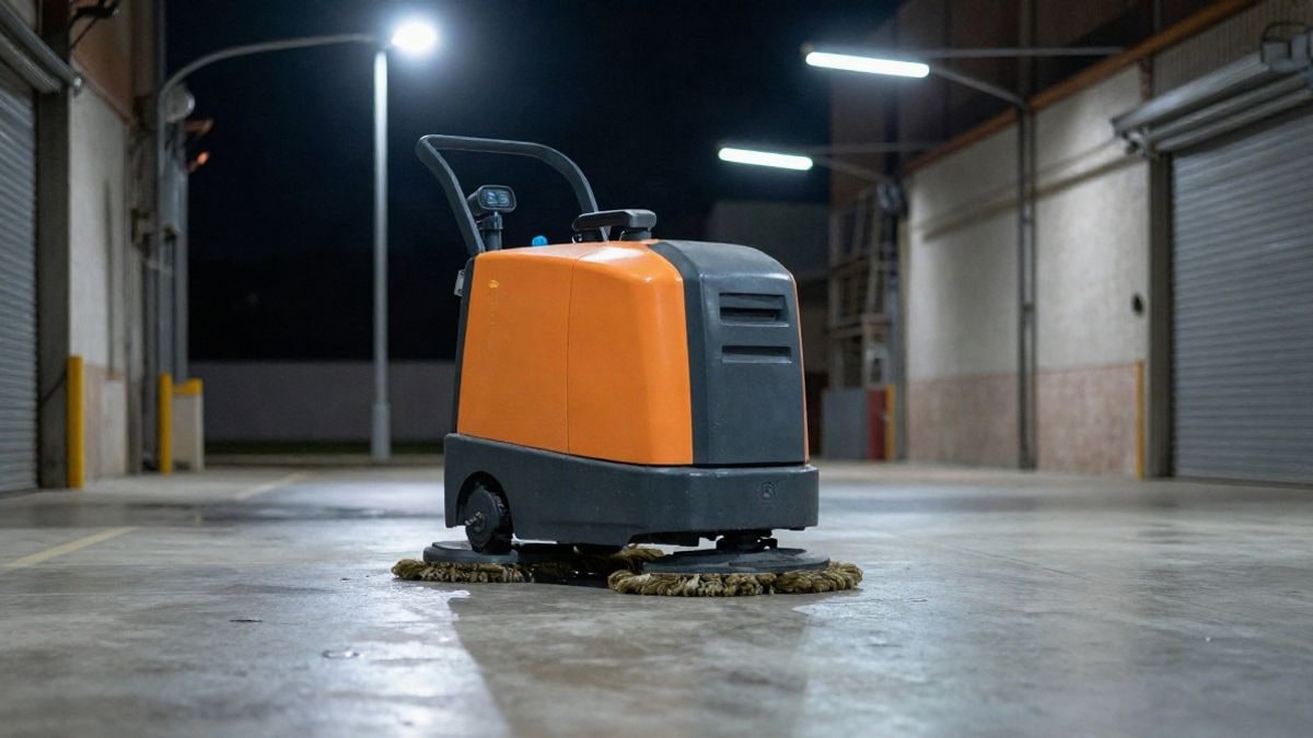 Imagen ilustrativa: una fregadora industrial aparcada en un almacén vacío iluminado por luces artificiales por la noche