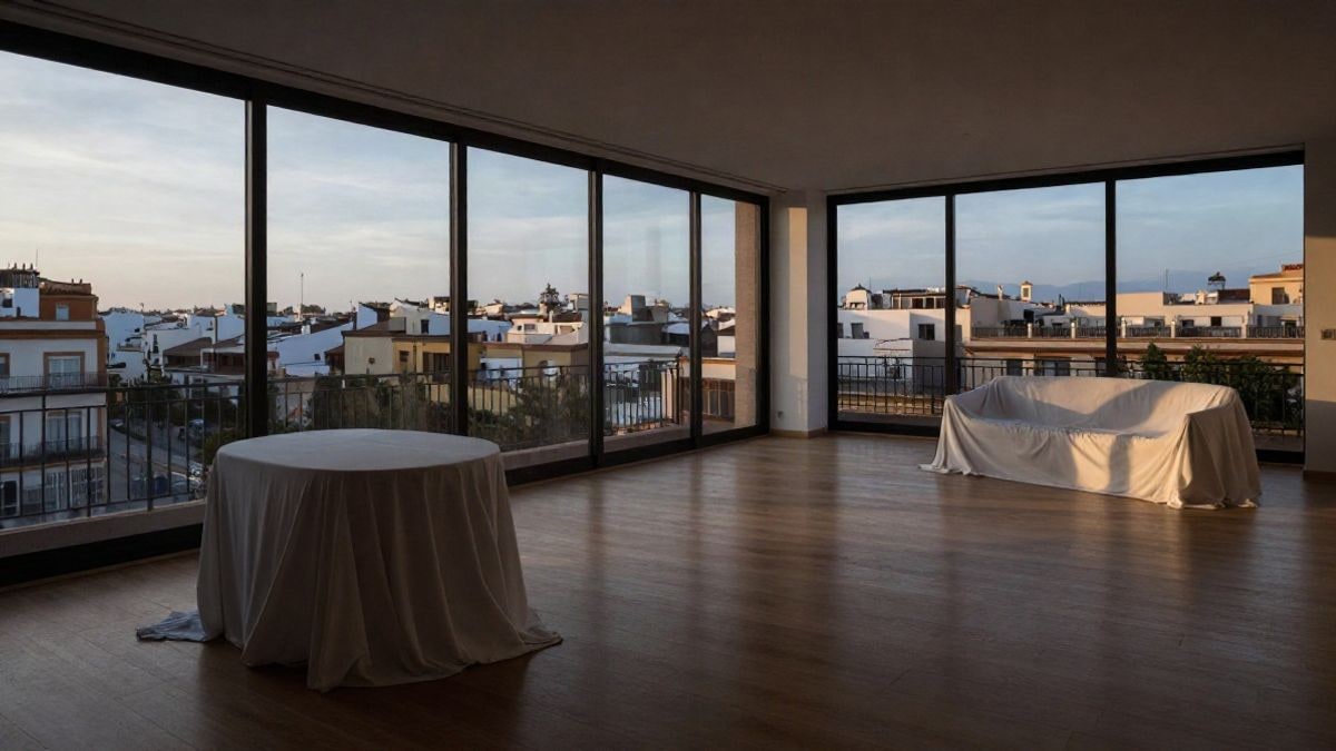 Imagen ilustrativa: interior vacío de un ático de lujo con grandes ventanales y luz de atardecer