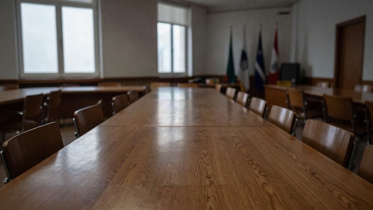 Imagen ilustrativa: sala de reuniones institucional vacía con una mesa larga de madera y sillas, iluminada por luz natural