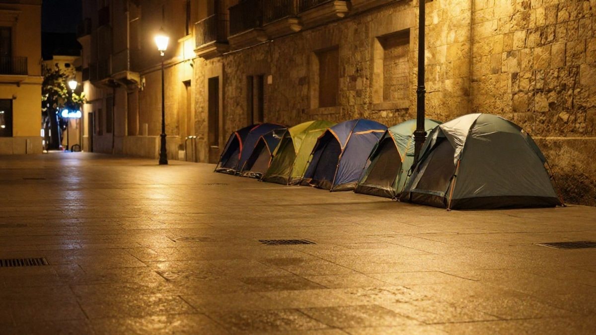 Imagen ilustrativa: una plaza urbana vacía de noche, iluminada por farolas y con tiendas de campaña plegadas junto a un muro de piedra