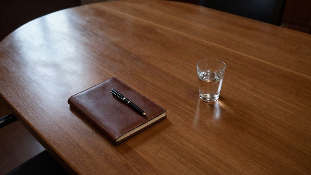 Imagen ilustrativa: mesa de reunión de madera vacía vista desde arriba, con una libreta, un bolígrafo y un vaso de agua