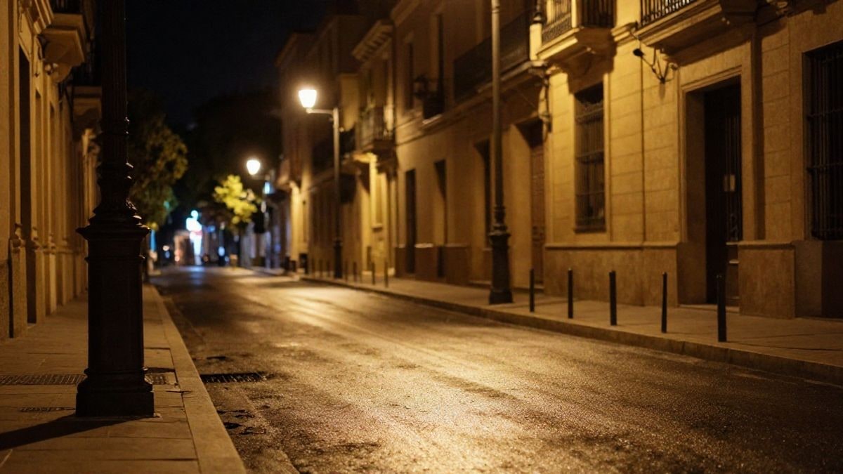 Imagen ilustrativa: calle nocturna iluminada por farolas, con asfalto mojado y un fondo desenfocado