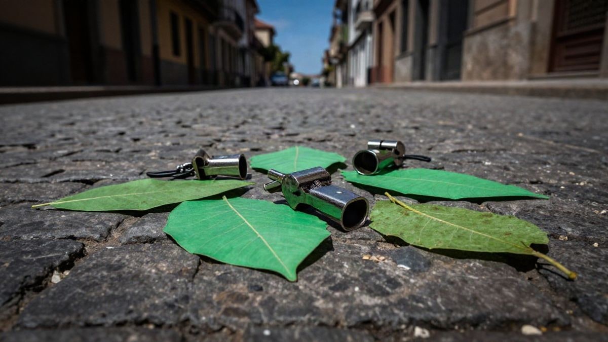 Imagen ilustrativa: panfletos verdes y silbatos sobre un empedrado bajo un cielo azul