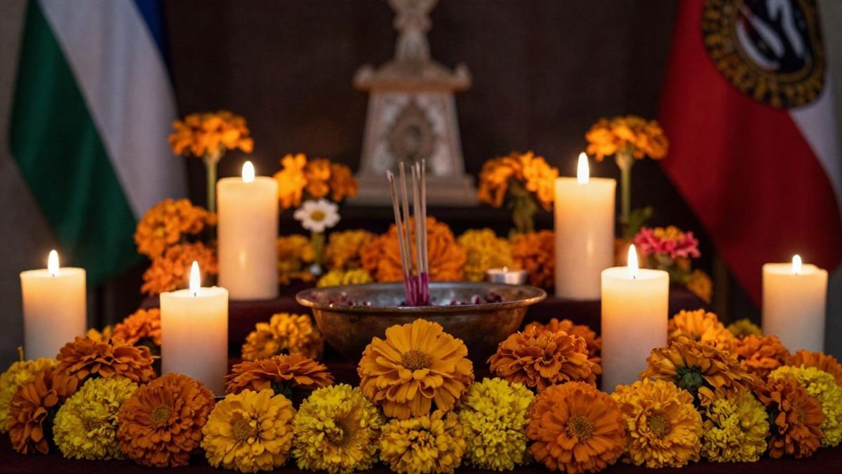 Imagen ilustrativa: altar tradicional mexicano con flores de cempasúchil y velas encendidas